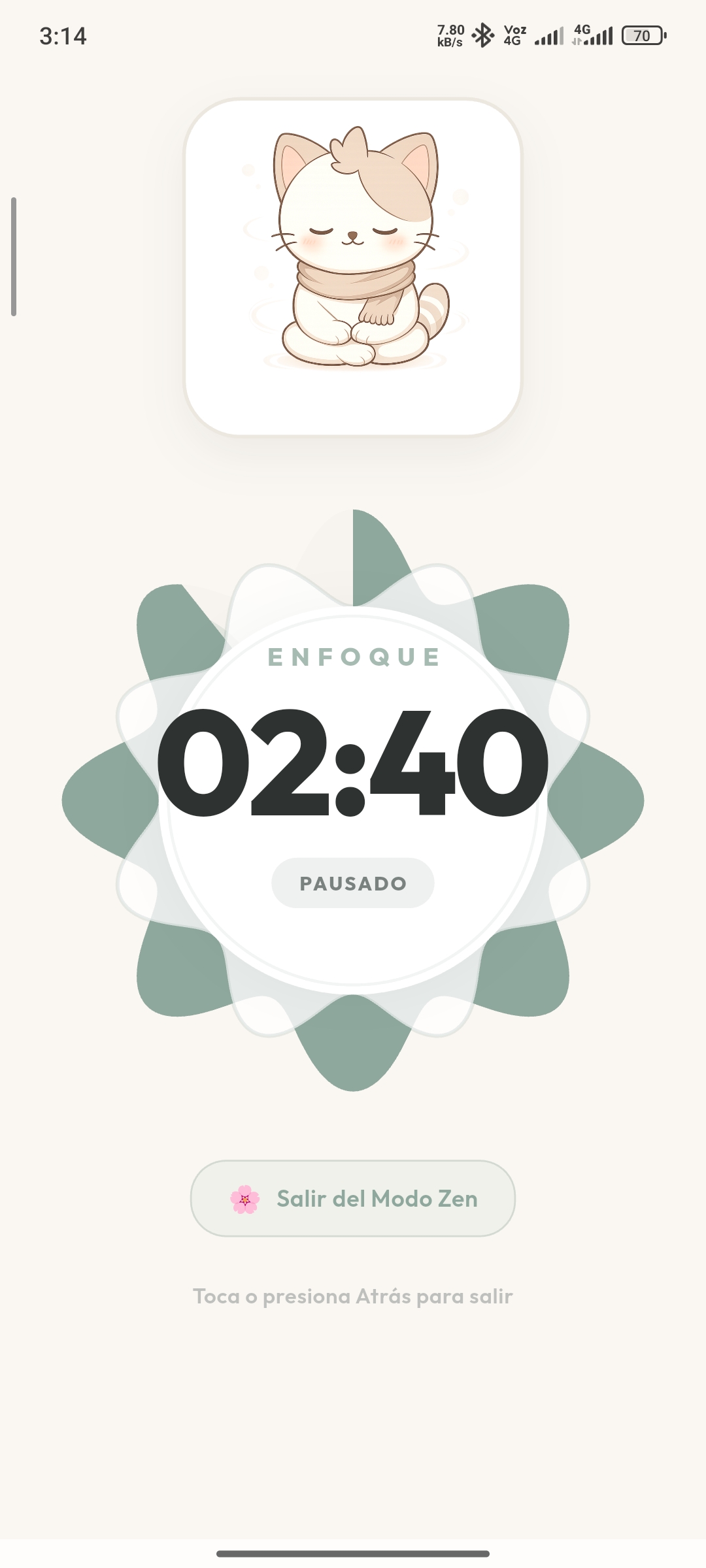 Vista del modo zen de la app Nuve